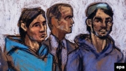 A courtroom sketch shows Akhror Saidakhmetov (left) of Kazakhstan and Abdurasul Hasanovich Juraboev (right) of Uzbekistan, and a court interpreter in federal court in New York on February 25.