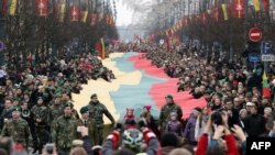 Lithuania -- Lithuanians march with a national flag during a parade to mark the 25th anniversary of the independence from the Soviet Union in Vilnius, March 11, 2015