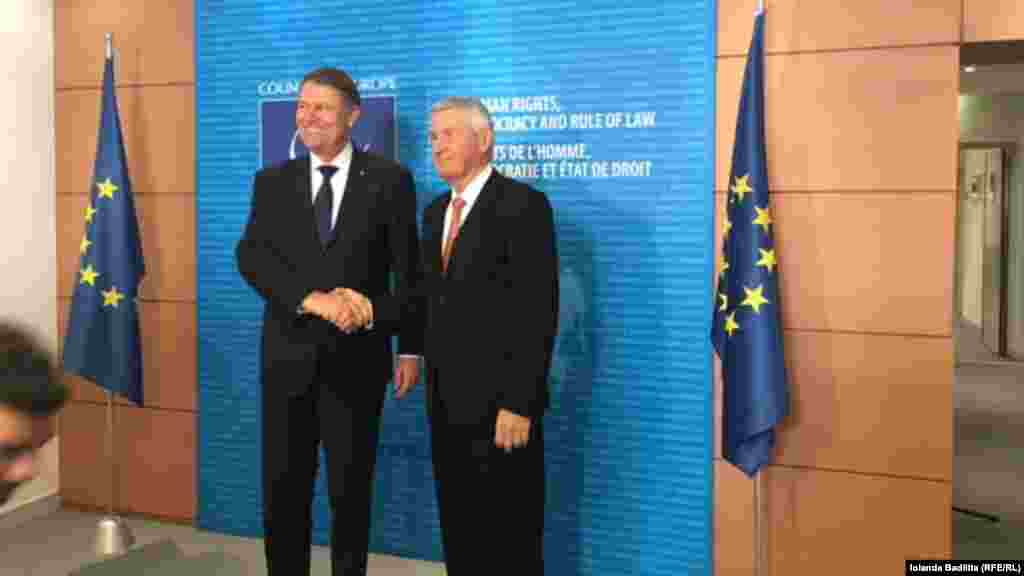 La întîlnirea dintre președintele Klaus Iohannis cu Thorbjorn Jagland, secretarul-general al Consiliului Europei, la Strasbourg.