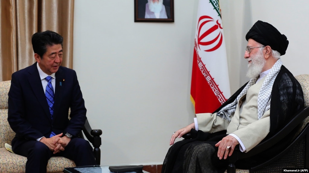Iranian Supreme Leader Ayatollah Ali Khamenei (right) meets with Japanese Prime Minister Shinzo Abe in Tehran on June 13.