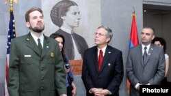 Armenia - U.S. Ambassador John Heffern (C) opens an exhibition at the Armenian Genocide Museum dedicated to Clara Barton, the founder of the American Red Cross, Yerevan, 23May2012. 