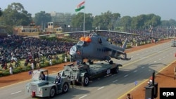 An Indian MI-25 attack helicopter is displayed during the Republic Day Parade in New Delhi in 2005.