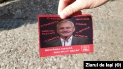 Un fluturaș al protestatarilor anti-PSD de la mitingul de la Iași, unde Liviu Dragnea și-a asumat discursul suveranist