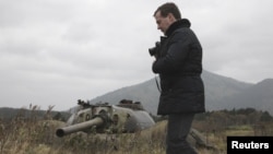 Then-Russian President Dmitry Medvedev during a visit to Kunashiri Island, one of four islands known as the Southern Kuriles in November 2010