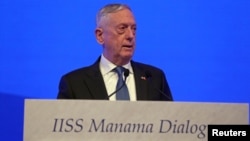 U.S. Defense Secretary Jim Mattis speaks during the second day of the 14th Manama Dialogue on October 27.