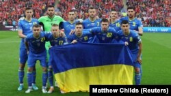 Ukraine players pose for a team group photo before the match against Wales on June 5.