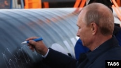 Президент России Владимир Путин на церемонии соединения первого звена магистрального газопровода "Сила Сибири", 2014 год