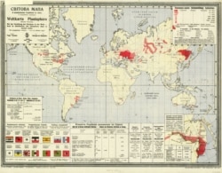 «Світова мапа з розміщенням Українців по світу» Юрія Гасенка, видана в 1920 році у Відні. (Щоб відкрити мапу у більшому форматі, натисніть на зображення. Відкриється у новому вікні)