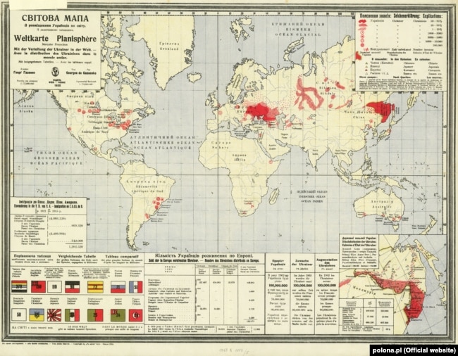 «Світова мапа з розміщенням Українців по світу» Юрія Гасенка, видана в 1920 році у Відні. (Щоб відкрити мапу у більшому форматі, натисніть на зображення. Відкриється у новому вікні)