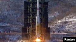 The Unha-3 (Milky Way 3) rocket launches at the West Sea Satellite Launch Site in NOrth Korea's Pyongan Province.