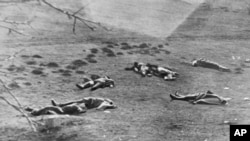 Тіла загиблих бійців Організації народної оборони «Карпатська Січ», які обороняли від угорських окупантів місто Хуст. Карпатська Україна, неподалік Хуста, 16 березня 1939 року