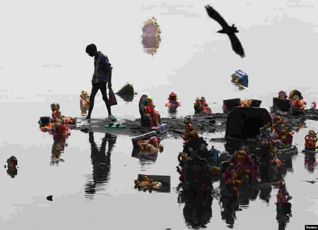 A boy collects items thrown by devotees as religious offerings next to idols of the Hindu elephant god Ganesh, the deity of prosperity, a day after they were immersed in the waters of the Sabarmati River in the western Indian city of Ahmedabad. (Reuters/Amit Dave)