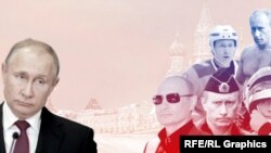 O imagine de fundal cu metamorfozele lui Vladimir Putin, de la a cărui instalare la putere s-au împlinit 20 de ani