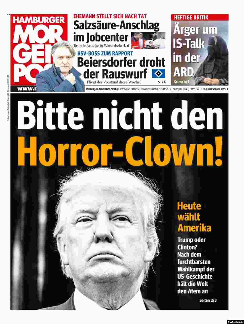 Germany&rsquo;s Hamburger Morgenpost newspaper. The headline reads &quot;Please not the Horror-Clown!&quot;