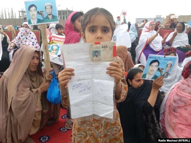 In the PTM's April 8 gathering thousands of women, children, and men held up photos, placards, or the national ID cards of their missing family members.