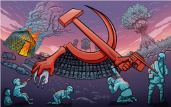 Рисунок с серпом. Зикибай считает, что сегодня наблюдается романтизация сталинизма. Люди забыли, что сталинизм уничтожил миллионы казахов, хотя при этом советский народ победил во Второй мировой войне.