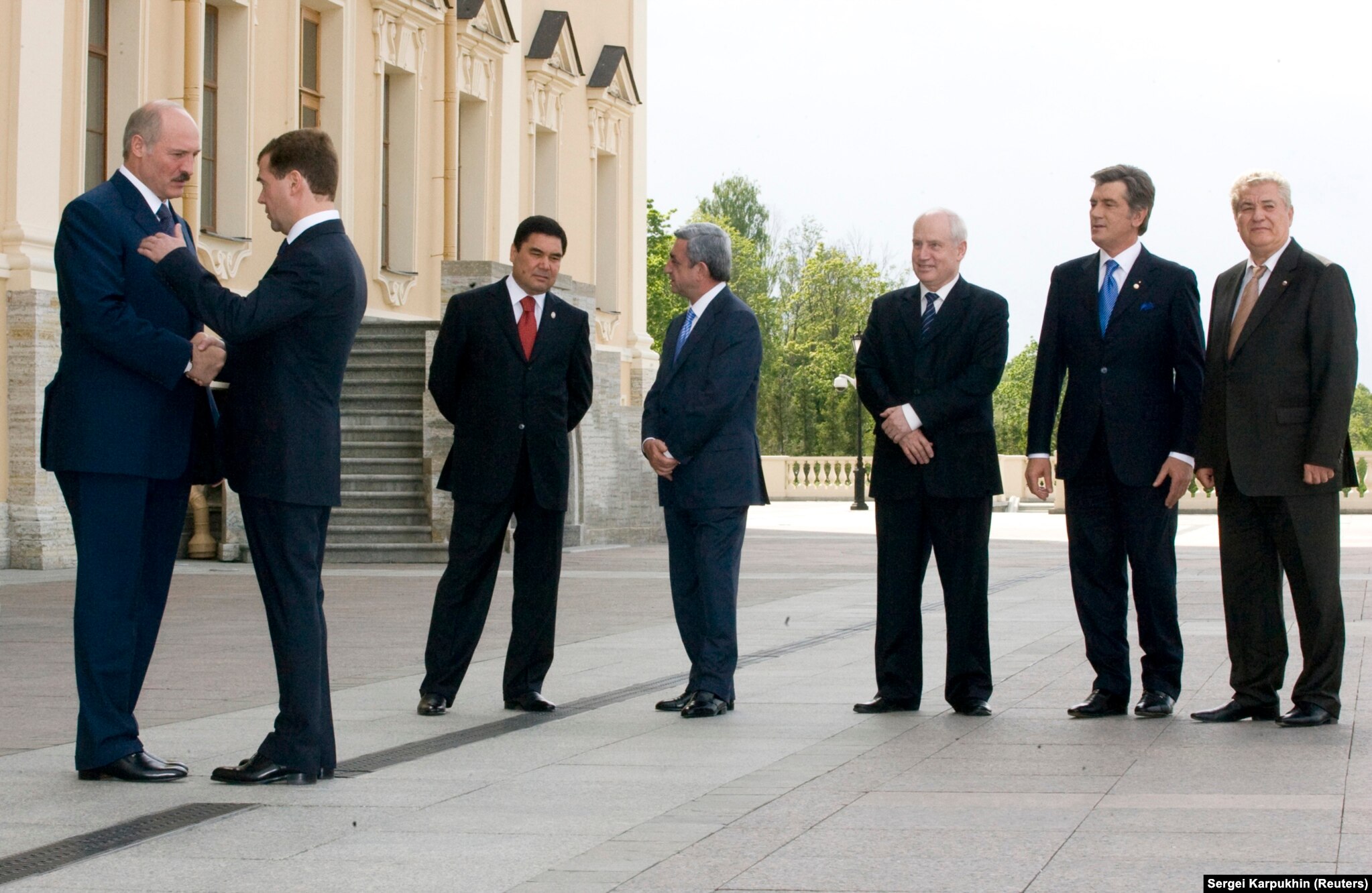 Medvedev talks with his Belarusian counterpart, Alyaksandr Lukashenka, at a meeting in St. Petersburg of leaders of ex-Soviet states on June 6, 2008.