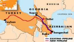 Мапа маршруту, за яким проходить нафтогін Баку-Тбілісі-Джейхан