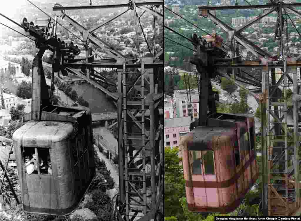 A photo of Tramway 25 from the 1950s (left) alongside a current picture. (Photo courtesy of Georgian Manganese Holdings)