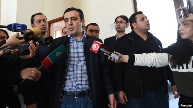 Armenia -- Davit Ghazarian, the official owner of the Spayka company, talks to reporters moments after being arrested in a courtroom in Yerevan, April 8, 2019.