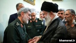 Iran's Supreme Leader Ali Khamenei receiving Esmail Qa'ani (Ghaani) during a meeting with military commanders. Undated. FILE photo