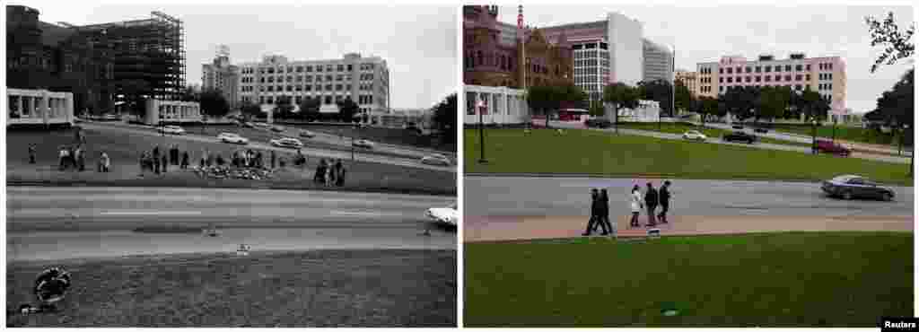 Left photo: Flower arrangements and spectators are placed along Elm Street during a reconstruction of the Dealey Plaza crime scene by the U.S. Secret Service in Dallas in 1963. Right photo: Visitors to Dealey Plaza on November 10, 2013.