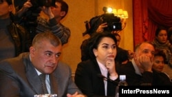 Opposition leaders Levan Gachechiladze (left), Eka Beselia, and Goga Khaindrava at the Tbilisi meeting