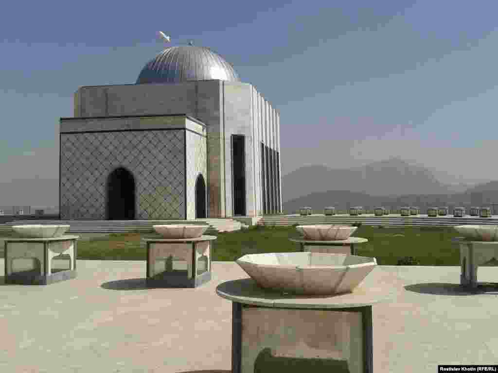 The tomb of Afghan King Nadir Shah, who was assassinated in 1933. The renovated shrine stands on Maranjan Hill overlooking eastern Kabul. A NATO surveillance airship can be seen just overhead.