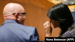 Russian Ambassador to the United Nations Vasily Nebenzya (left) speaks with U.S. Ambassador to the UN Nikki Haley (file photo)