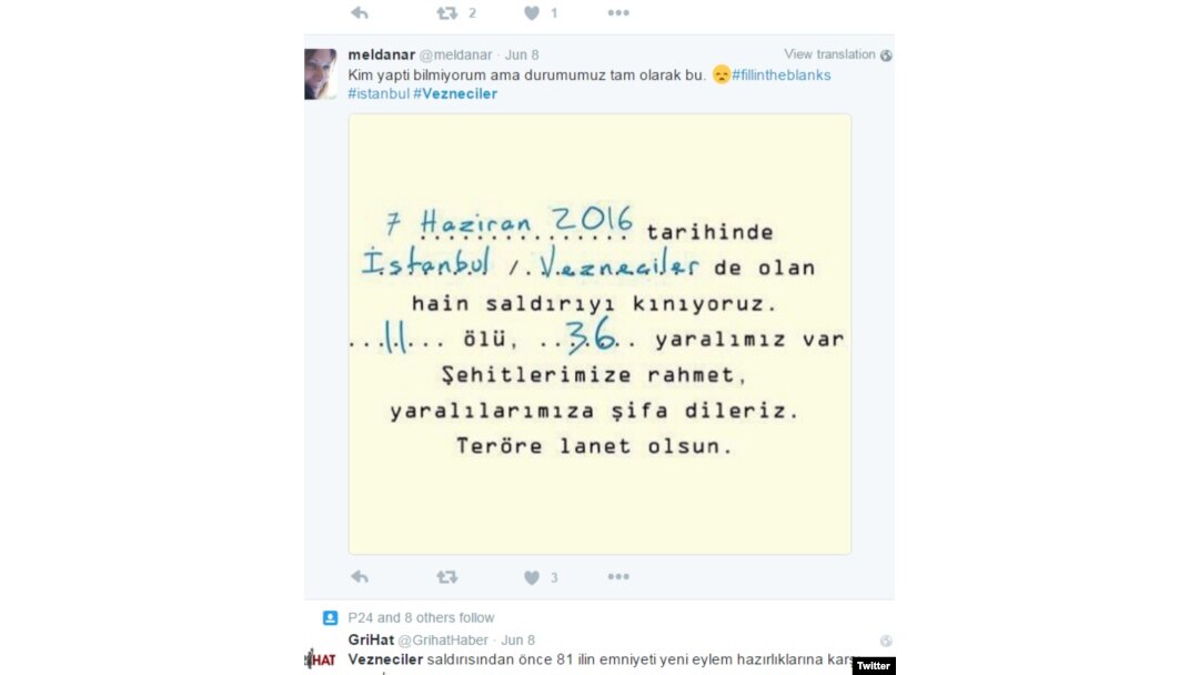 A screenshot of a tweet in Turkish saying "Terrorist attacks are now so frequent that we just need a form to fill out the date, place, and number of casualties."