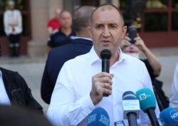 President Rumen Radev speaks at an anti-government protest in Sofia in July. “Confidence in the ruling majority has been irretrievably lost,” he says.