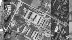 An aerial photograph of "Stalag 372" superimposed on a modern layout.