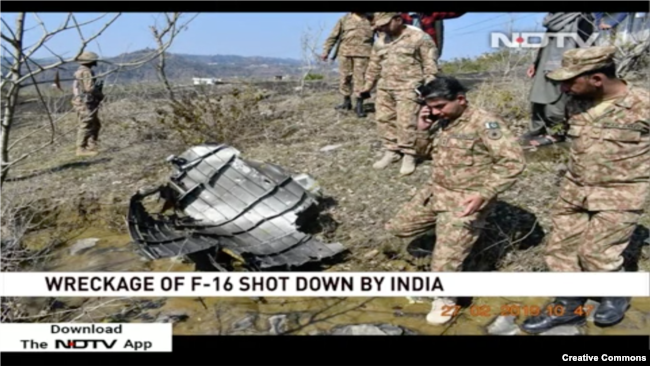 Screen grab of an Indian news report claiming evidence of an F-16 being shot down.