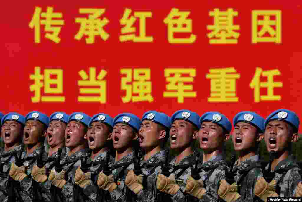 Chinese soldiers practice marching in formation ahead of a military parade to celebrate the 70th anniversary of the founding of the People&#39;s Republic of China in Beijing. (Reuters/Naohiko Hatta)