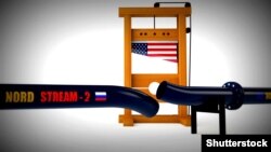 GENERIC – 3D illustration of the Nord stream pipeline cut by guillotine. The idea of us sanctions against Russia regarding the construction of the Nord stream 2 gas pipeline. Illustration