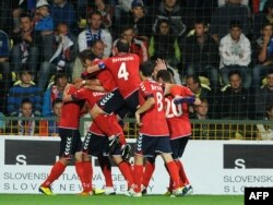 Slovakia - Armenian players celebrate their goal during their Euro 2012 qualifying football match Slovakia vs Armenia in Zilina, 06Sep2011