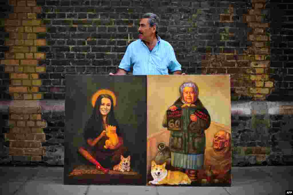 Artist Kaya Mar poses with paintings of Britain's Queen Elizabeth II and Catherine, Duchess of Cambridge, outside St. Mary's Hospital.