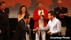 Milos Teodorovic accepts the Human Rights Award at the Sarajevo Film Festival