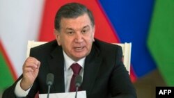 Uzbek President Shavkat Mirziyaev speaks to reporters at a press conference last year. (file photo)