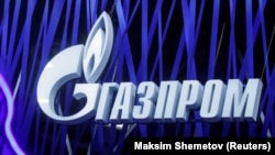 RUSSIA -- The logo of Russian gas giant Gazprom is seen on a board at the St. Petersburg International Economic Forum (SPIEF), June 6, 2019