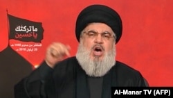LEBANOn -- Sayyed Hassan Nasrallah, the head of Lebanon's militant Shi'ite movement Hizballah, gives a televised address from an undisclosed location in Lebanon, September 20, 2018