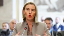 SWITZERLAND -- European Union Foreign Policy Chief Federica Mogherini delivers her statement, during the United Nations Conference on Afghanistan, at the UN Offices in Geneva, November 28, 2018