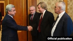 Armenia - President Serzh Sarkisian (L) meets with the U.S., Russian and French co-chairs of the OSCE Minsk Group in Yerevan, 9Apr2016.