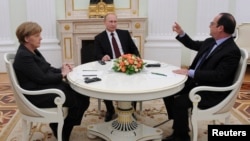 Переговоры лидеров России, Германии и Франции по урегулированию кризиса в Украине. Москва, 6 февраля 2015 года.