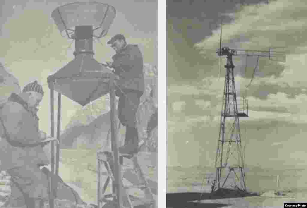 Слева - суммарный осадкомер. Справа - электроветровая установка на метеостанции Арпа, 1967 год.