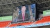 A speech by FC Shakhtar president Rinat Ahkhmetov is broadcast on a giant screen during a peace rally held at the Donbass Arena in the eastern Ukrainian city of Donetsk on May 20.