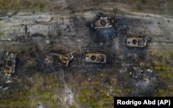 An aerial view of destroyed Russian armor on the outskirts of Kyiv on March 31.
