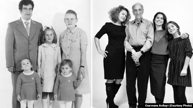 Семья Албаут, 1977 г. (слева). Натан Фарб, Светлана и её дочери (справа)
