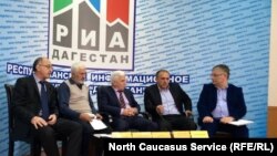 A meeting of the Leo Tolstoy In Daghestan Heritage Committee, with the great-grandson of Hadji Murat, Magomedarip Hadzhimuradov (second from left) in Makhachkala in November 2018.