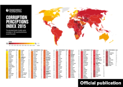 Карта, составленная по Индексу восприятия коррупции TI. Чем темнее цвет, тем выше, по оценкам экспертов, уровень коррупции в стране.